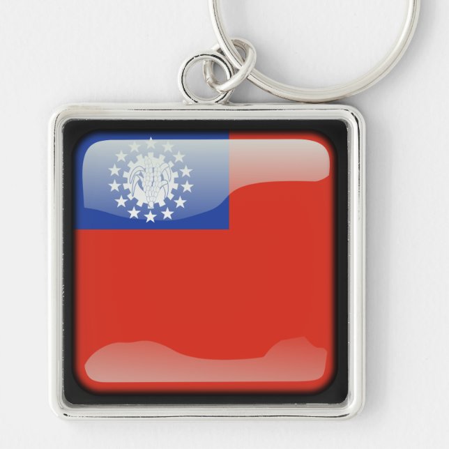 Flagga i Myanmar Fyrkantig Silverfärgad Nyckelring (Framsidan)