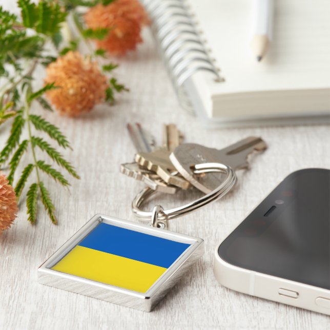 Flagga i Ukraina Fyrkantig Silverfärgad Nyckelring (Sidan)