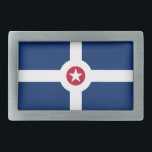 Flagga Indianapolis, Indiana<br><div class="desc">Bälte Buckle med flagga av Indianapolis, Indiana; blå flagga med vit kor och röd cirkel med vit stjärna i mitten</div>
