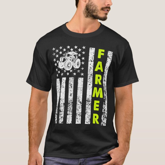 Flagga med Tractor Patriotic Farmer T Shirt (Framsida)