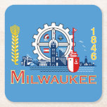 Flagga Milwaukee, Papper Underlägg på Wisconsin Sq<br><div class="desc">Papper underlägg med flagga Milwaukee,  Wisconsin,  ljusblå flagga med stadens panorama</div>