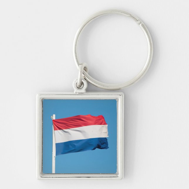 Flagga Nederländerna Fyrkantig Silverfärgad Nyckelring (Framsidan)