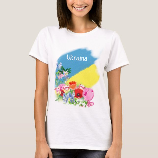 Flagga och blommor från Ukraina T Shirt (Framsida)