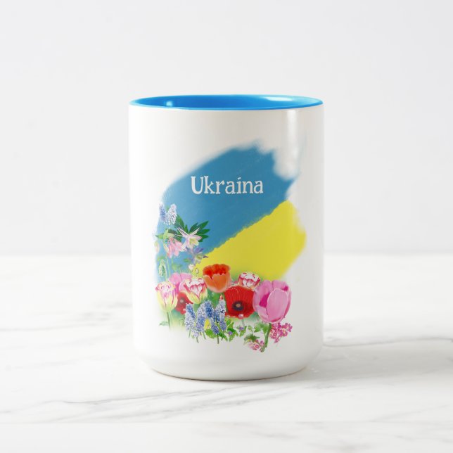 Flagga och blommor från Ukraina Två-Tonad Mugg (Center)