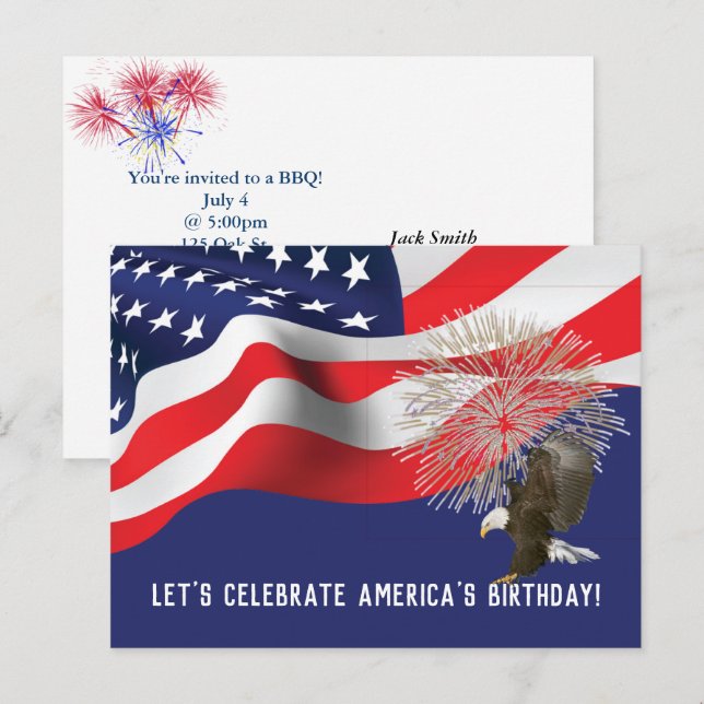 Flagga och Eagle 4:e juli Inbjudan Vykort (Fram/baksida)