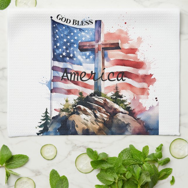 Flagga och kors "Gud välsigne Amerika" Kökshandduk (Vikta)