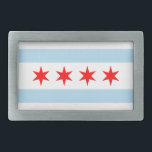 Flagga of Chicago, Illinois Bälte Buckle<br><div class="desc">Bälte Buckle med flagga of Chicago (Illinois största stad),  vit och ljusblå strimlad flagga med fyra röda stjärnor</div>