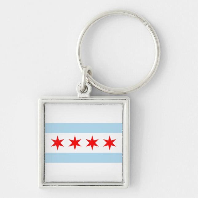 Flagga of Chicago, Illinois Keychain Fyrkantig Silverfärgad Nyckelring (Framsidan)