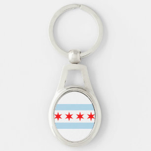 Flagga of Chicago, Illinois Keychain Ovalt Silverfärgad Nyckelring