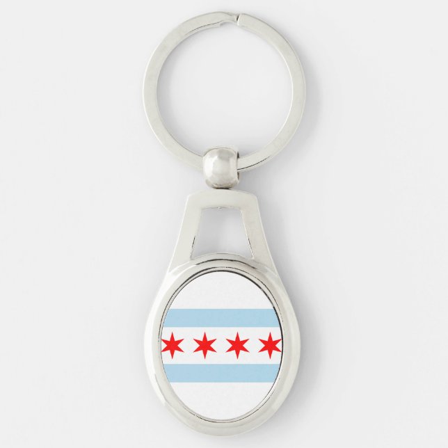 Flagga of Chicago, Illinois Keychain Ovalt Silverfärgad Nyckelring (Framsidan)