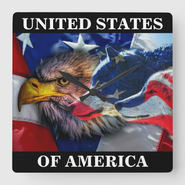 Flagga Patriotic Örn Varg Fyrkantig Klocka (Framsida)