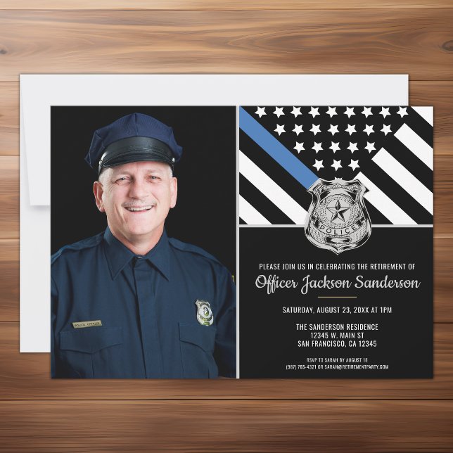 Flagga Photo Pension för polistunnelblått polishus Inbjudningar (The perfect customizable photo retirement party invitation for a retiring police officer.)