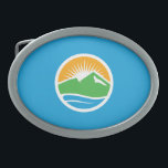Flagga Provo, Utah<br><div class="desc">Bälte Buckle med en utformning med flagga Provo, Utah. En blå flagga med Provo City-logotypen i mitten. Logotypen representerar Utah sjö och närliggande bergstoppar med det stigning sol i bakgrunden</div>