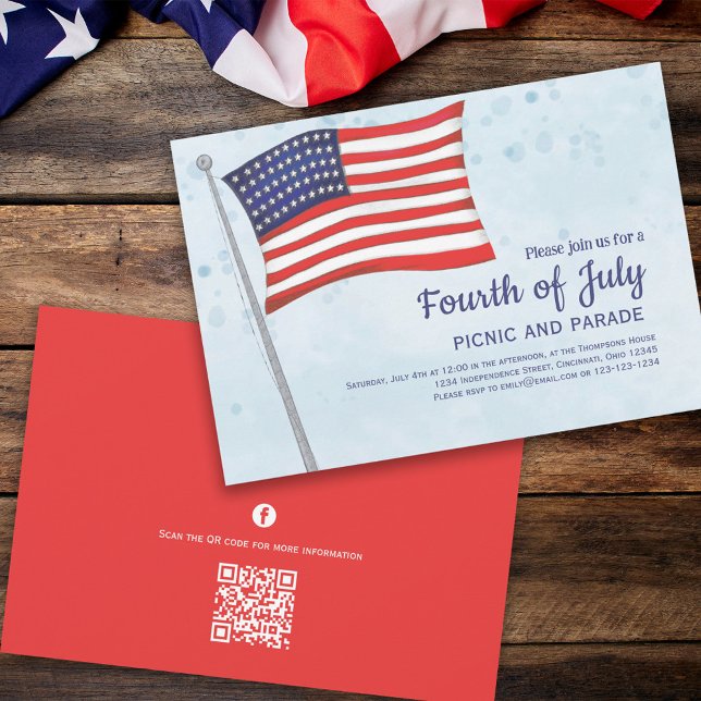Flagga QR-kod för akut Rött vitt blått fjärde juli Inbjudningar (Fourth of July party invitation with red, white, and blue flags. With a scannable QR Code.  )