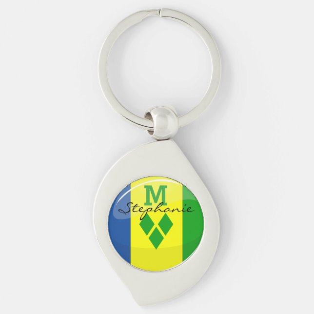 Flagga Shiny St Vincent och Grenadines Swirl Silverfärgad Nyckelring (Framsidan)