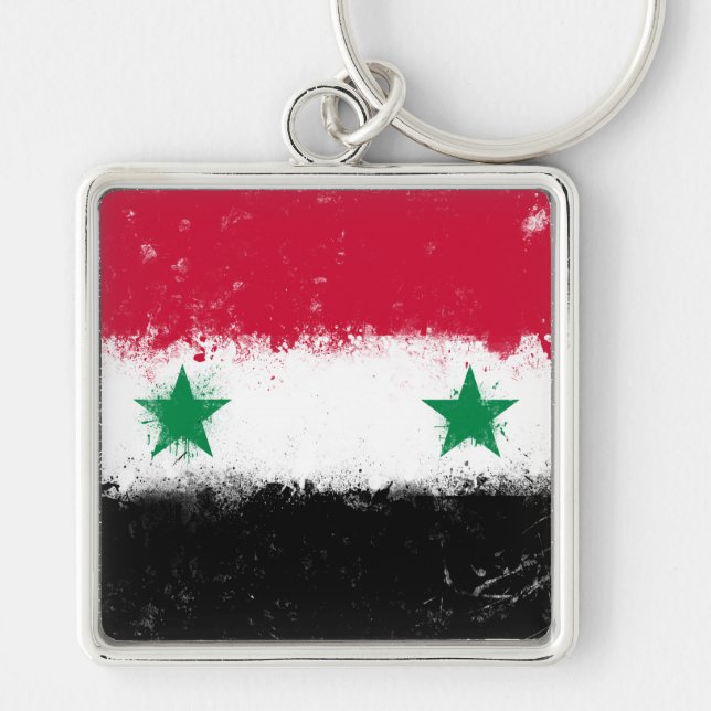Flagga Syrien Fyrkantig Silverfärgad Nyckelring (Framsidan)