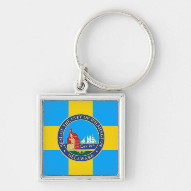 Flagga till Wilmington, Delaware Fyrkantig Silverfärgad Nyckelring (Framsidan)