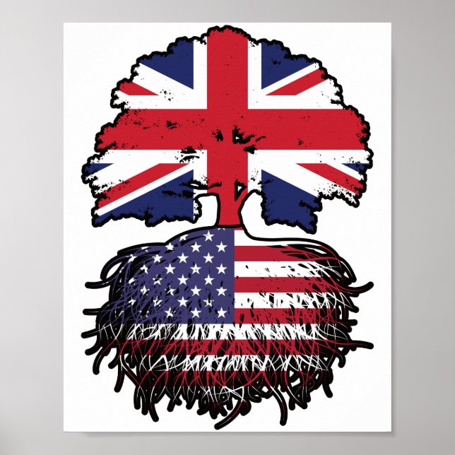 FLAGGA Träd Roots USA, Storbritannien, Storbritann Poster (Framsidan)