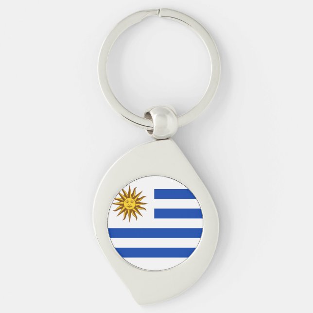 Flagga Uruguay Swirl Silverfärgad Nyckelring (Framsidan)