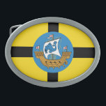 Flagga Wellington City, Nya Zeeland<br><div class="desc">Bälte Buckle med en konstruktion hos flagga Wellington City i Nya Zeeland. En gult flagga med svart kor och stadens säl med en bild av en frakt i mitten</div>
