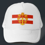 Flagga Westmorland Hat Keps<br><div class="desc">Hat med design med en flagga av det historiska grevskapet Westmorland, i England, Underbar Storbritannien; vit och rödstrimlad flagga med guldheraldiskt äpple träd i mitten</div>