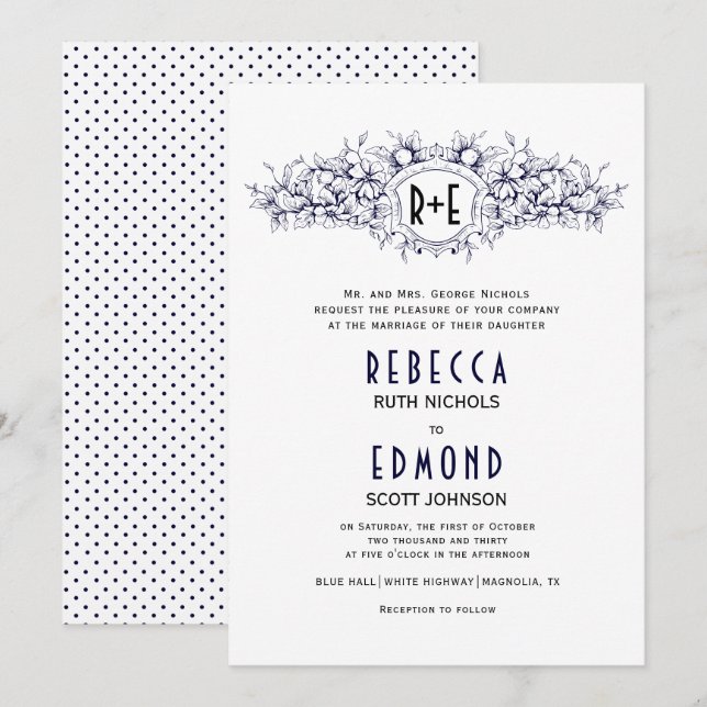 Flaggblå örtvit vapensköld med initialer bröllop inbjudningar (Fram/baksida)