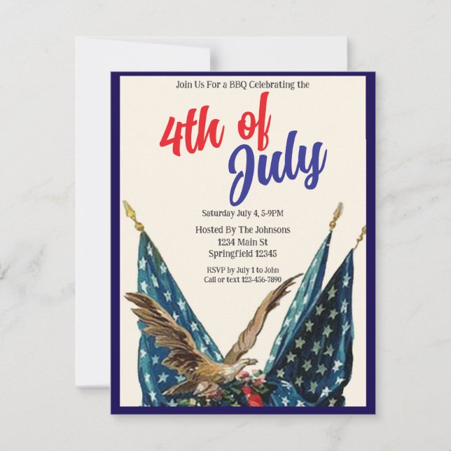Flaggor och Eagle Patriotic 4:e juli BBQ Party Inbjudningar (Framsida)