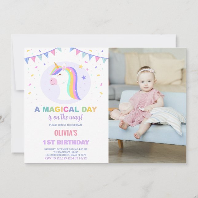 Flaggor Unicorn Birthday-inbjudningar med foto Inbjudningar (Framsida)