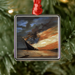 Flaggskeppet Rebel Civil Krig vid Fire of American Julgransprydnad Metall