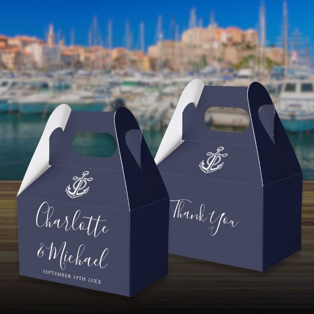 Flaggskeppsvisare Namnteckning skript Bröllop Presentaskar (Navy Blue Nautical Signature Script Wedding Favor Boxes)