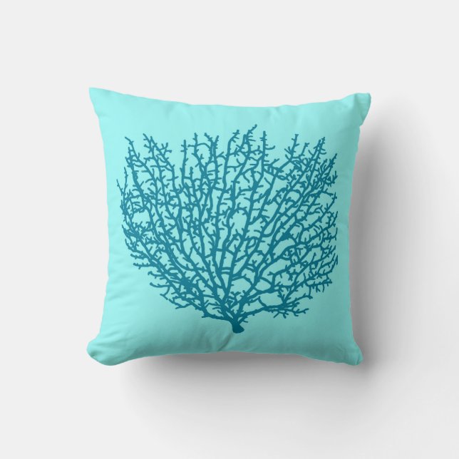 Fläkt Coral Print, turkos på akvatisk bakgrund Kudde (Framsida)