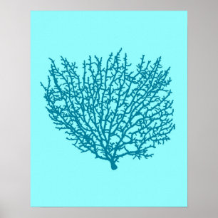 Fläkt Coral Print, turkos på akvatisk bakgrund Poster