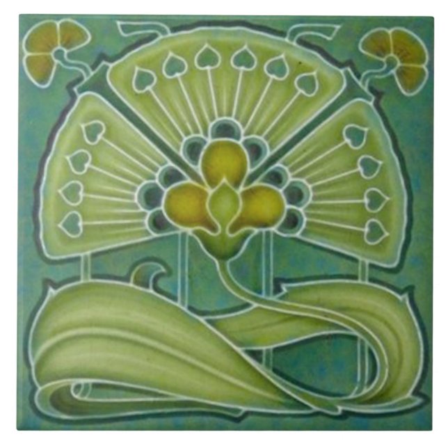 Fläkt-tastisk repro Richards 1900 Art nouveau Blom Kakelplatta (Framsidan)