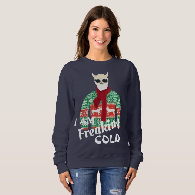 Fläktande kall Coola llama Ugly christmas sweater T Shirt (Hel framsida)