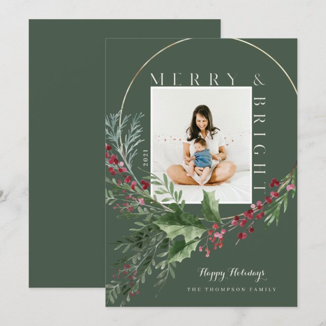 Fläktfoto med fuktig och ljus vattenfärg Greenery  Julkort (Fram/baksida)