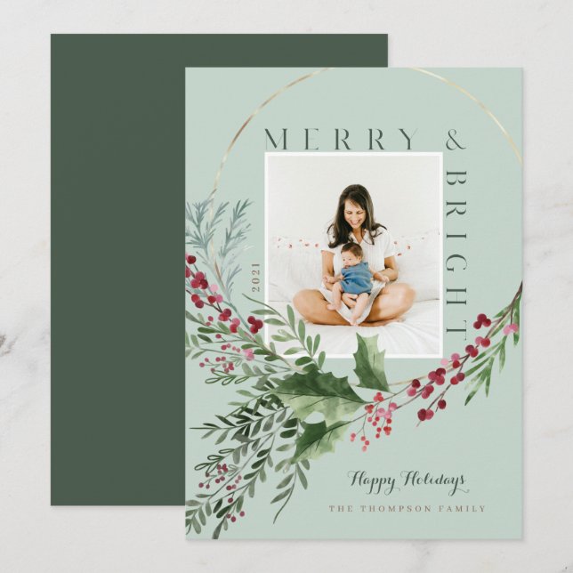 Fläktfoto med fuktig och ljus vattenfärg Greenery  Julkort (Fram/baksida)