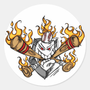 Flamande Baseball Fladdermus Tecknad Ansikte Stick Runt Klistermärke