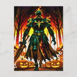 Flamande huvudlös Pumpkin Knight Halloween Helg Vykort
