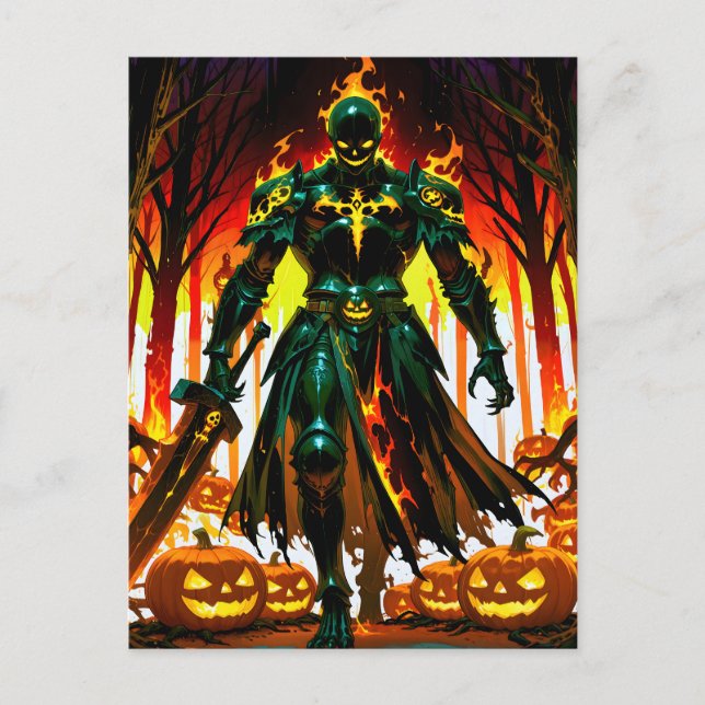 Flamande huvudlös Pumpkin Knight Halloween Helg Vykort (Framsida)