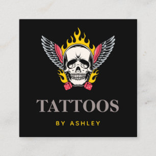 Flamande Skull Dice Vingar gotiic Coola Tattoartis Fyrkantigt Visitkort