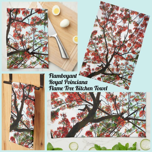 Flamboyant Royal Poinciana Träd Red Black White Kökshandduk (Skapare uppladdad)