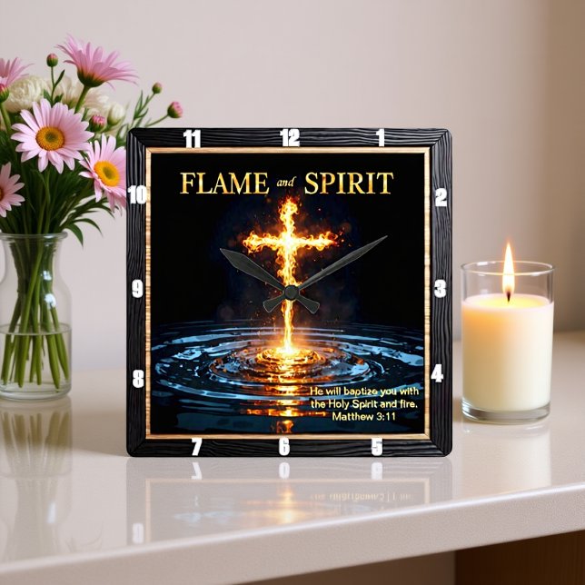 Flame Cross Water Spirit Baptism Matthew 3:11 Fyrkantig Klocka (Skapare uppladdad)