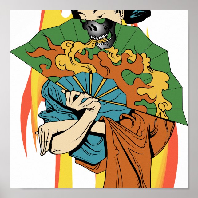 Flame Fire Skull Geisha-utskrift Poster (Framsidan)