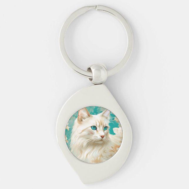Flame Lynx Point Siamese Porträtt Art Swirl Silverfärgad Nyckelring (Framsidan)