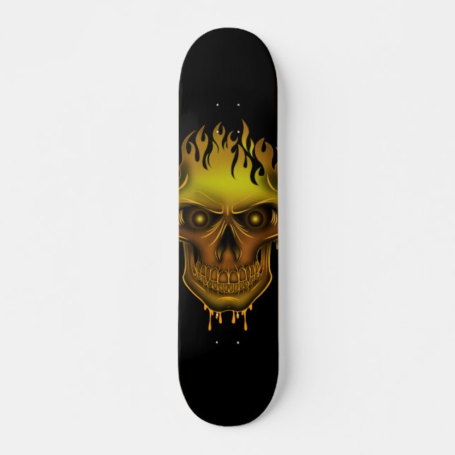 Flame Skull - Guld Mini Skateboard Bräda 18,5 Cm (Framsida)