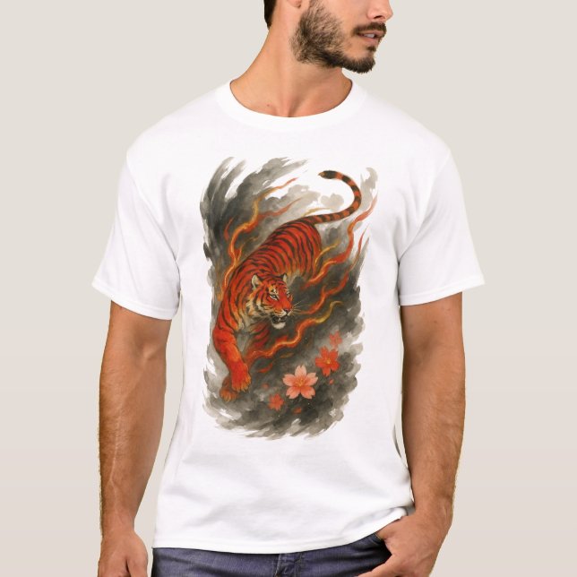 【Flame Tiger Japanese Ink Art Men’s T-Shirt】 T Shirt (Framsida)