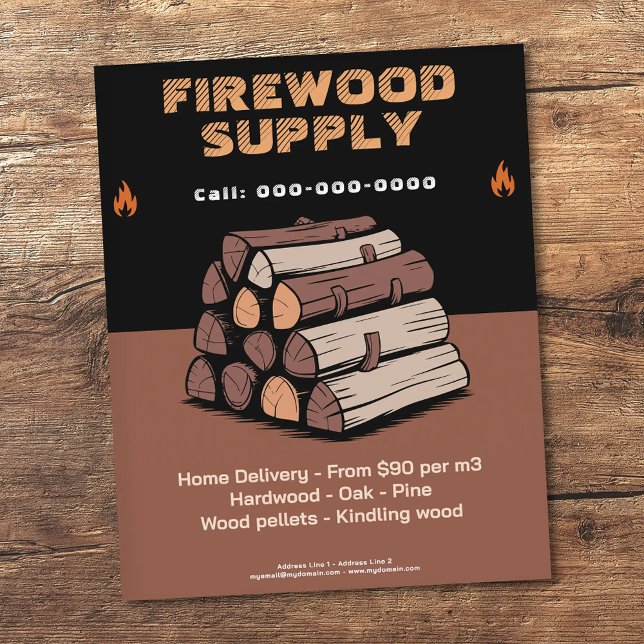 Flameikon - Leverans av ved Flygblad (Flame Icon - Firewood Supply Flyer)