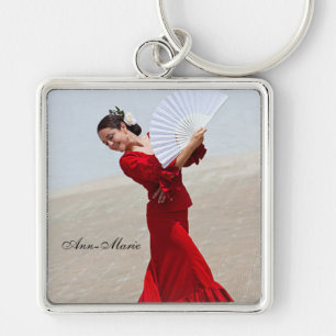 Flamenco Dancer BeVacker Red Dress Personlig Fyrkantig Silverfärgad Nyckelring