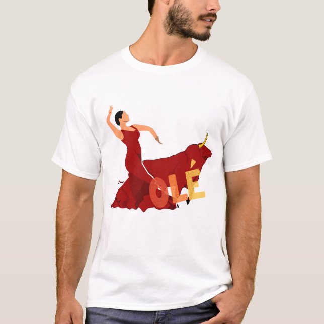 Flamenco Dancer med Bull och Bold Olé Symbol T Shirt (Framsida)