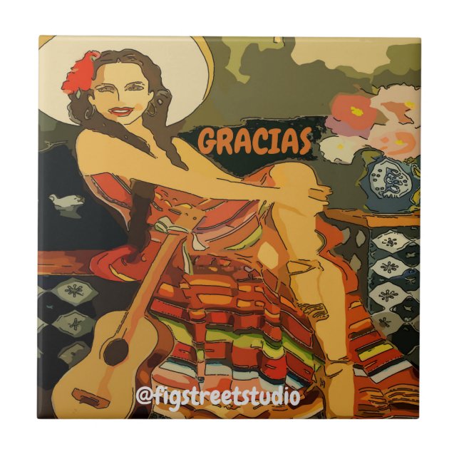 Flamenco Guitar Woman,lägg till text,Tile Mural Kakelplatta (Framsidan)